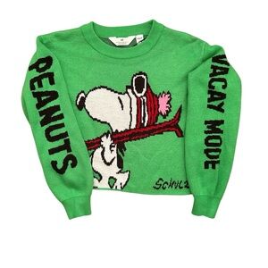 H&M Green Crew Neck Slightly Cropped Peanuts Snoopy Skis Kids Sweater Sz 12/14
